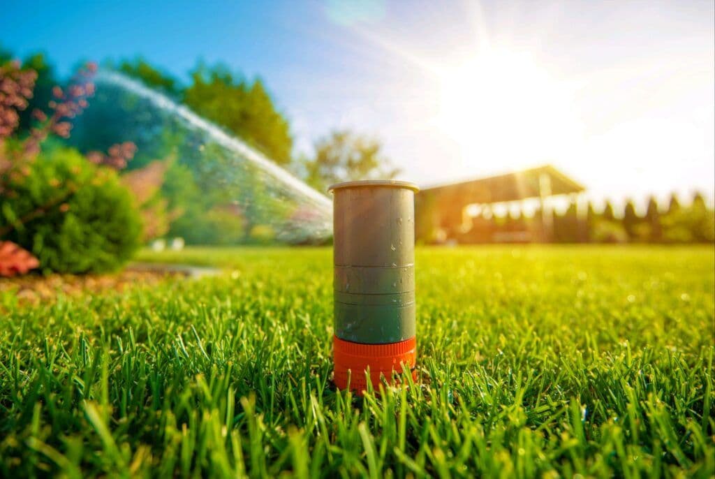 Sprinkler watering green lawn in a sunny backyard with a house in the background.