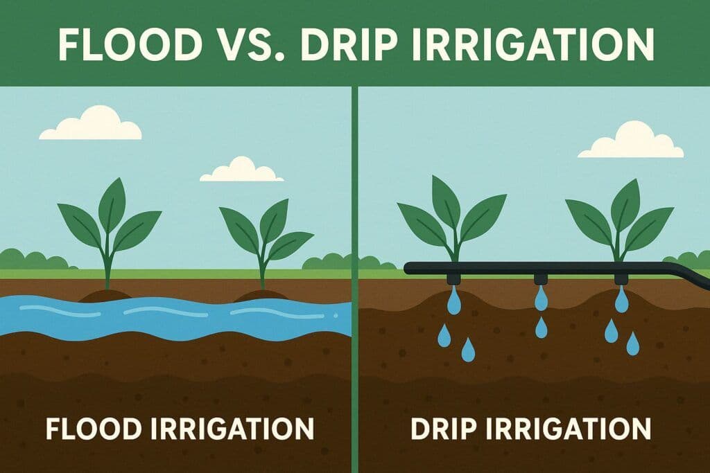 Water spreading across a garden bed, comparing flood and drip irrigation