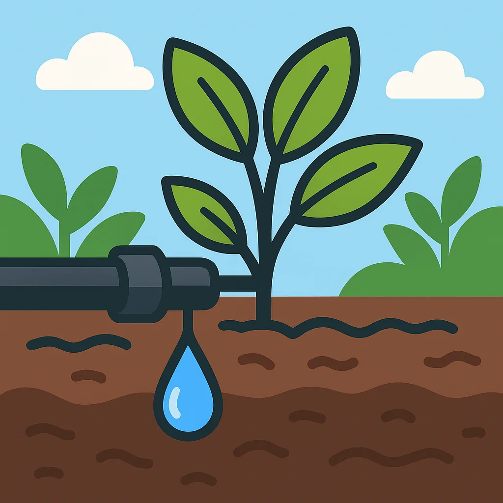 Drip irrigation emitter releasing water at the base of a plant