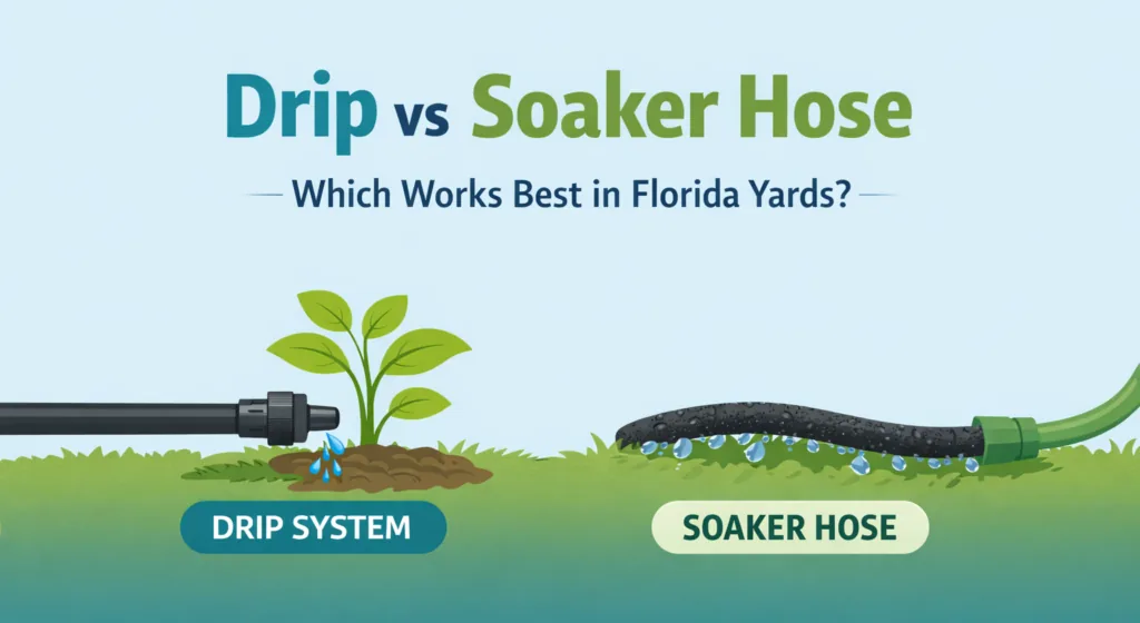 Comparison graphic showing a drip irrigation line beside a soaker hose