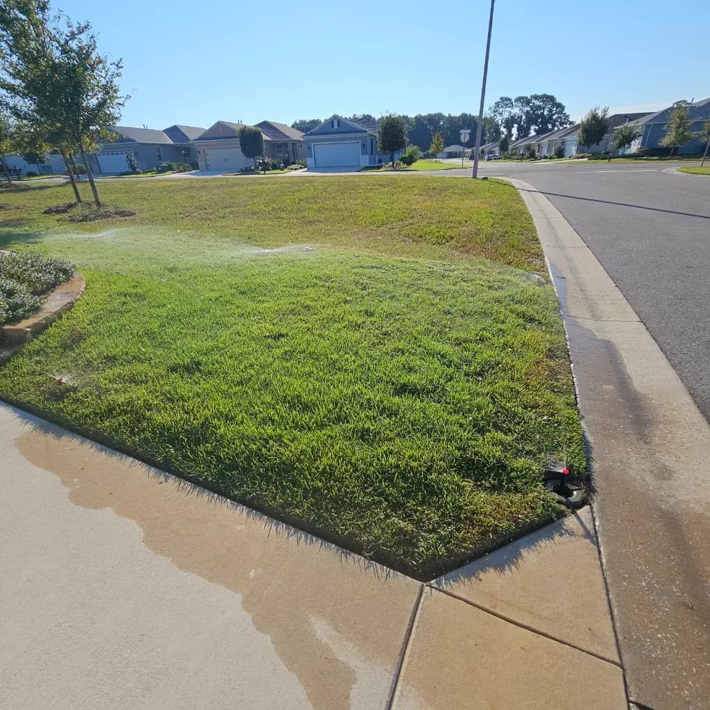Front lawn being watered by an in-ground sprinkler system