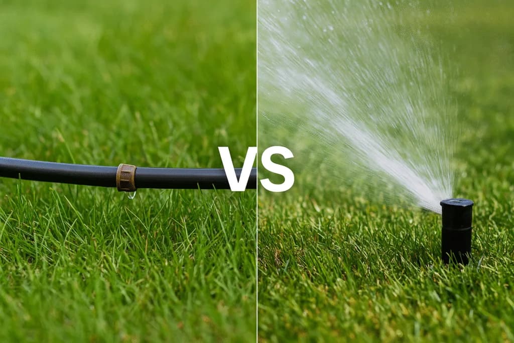 Side-by-side comparison of an irrigation system and a lawn sprinkler system