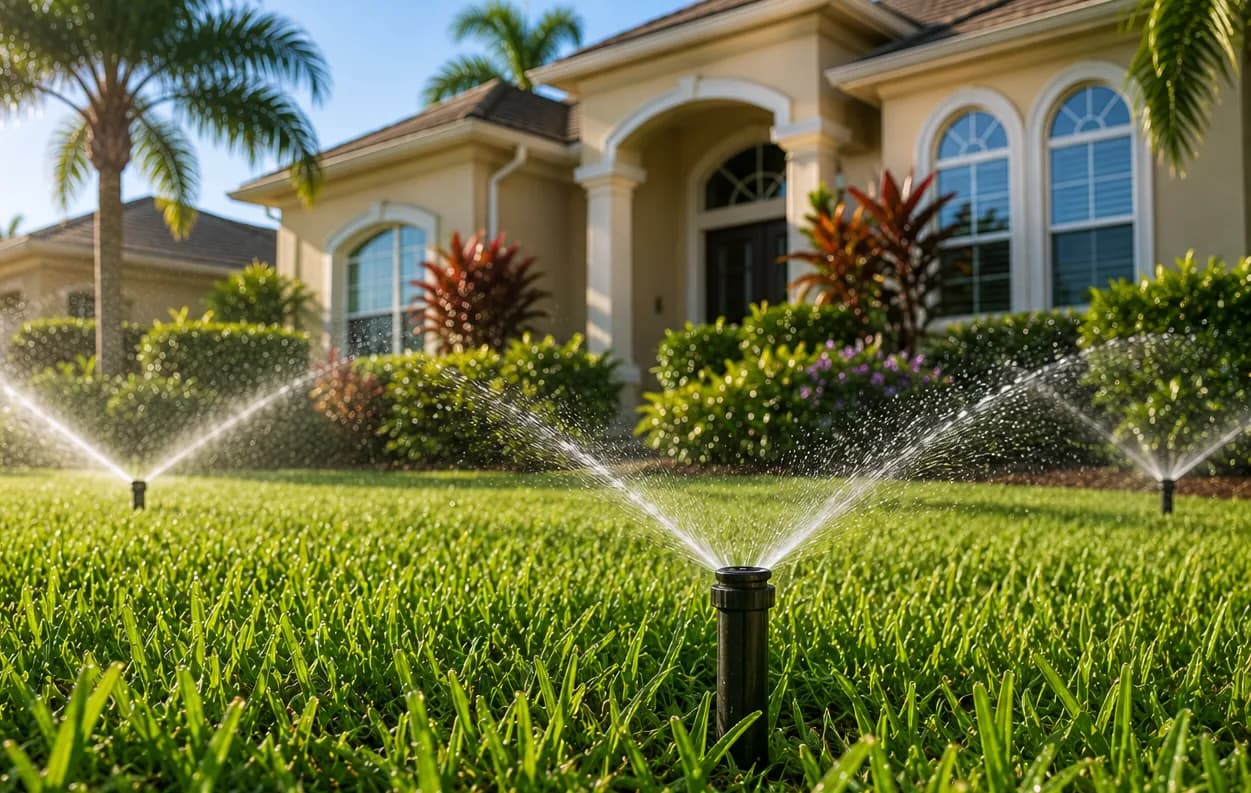 Lush Florida lawn watering with professional irrigation system maintenance in Ocala and Brandon FL.