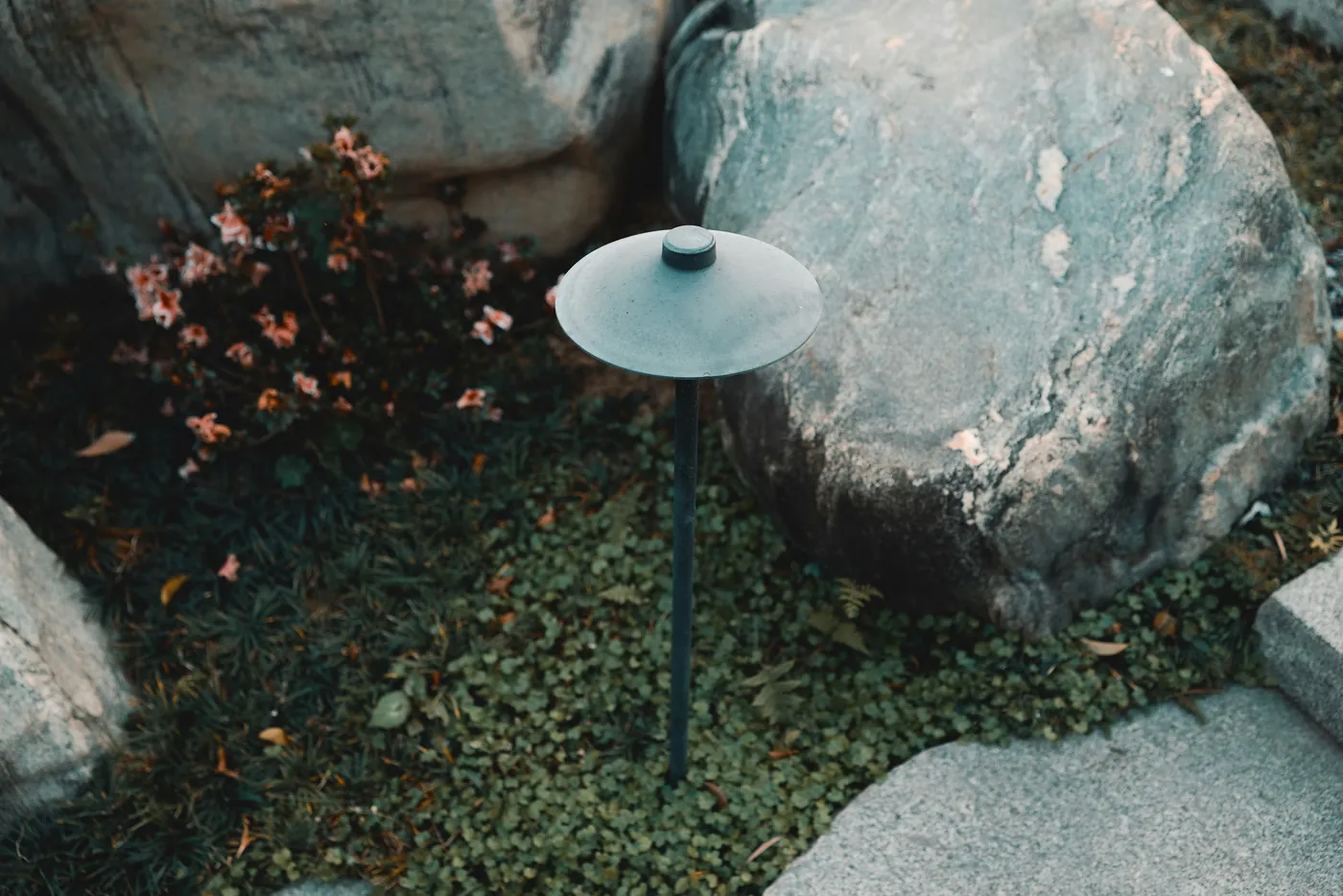 Close-up of a low voltage landscape lighting path fixture set beside garden rocks