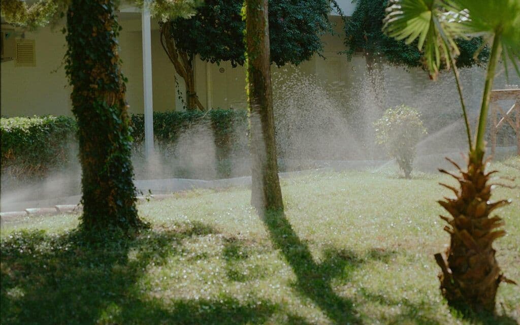 Water-efficient irrigation watering a Florida garden bed