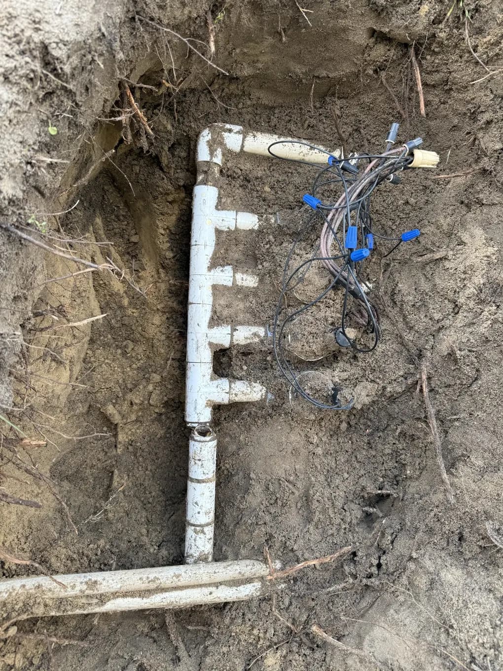 Sprinkler valve manifold and zone wiring exposed in an open trench
